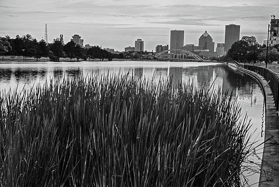 Genessee River Tall Grass Skyline Sunrise Rochester NY Black and White Photograph by Toby McGuire