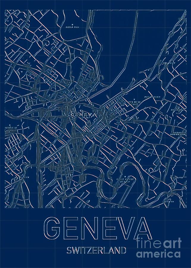 Map Digital Art - Geneva Blueprint City Map by HELGE Art Gallery