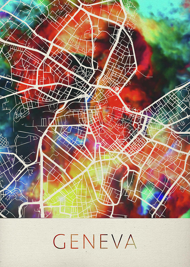 Geneva Switzerland Watercolor City Street Map Mixed Media by Design ...