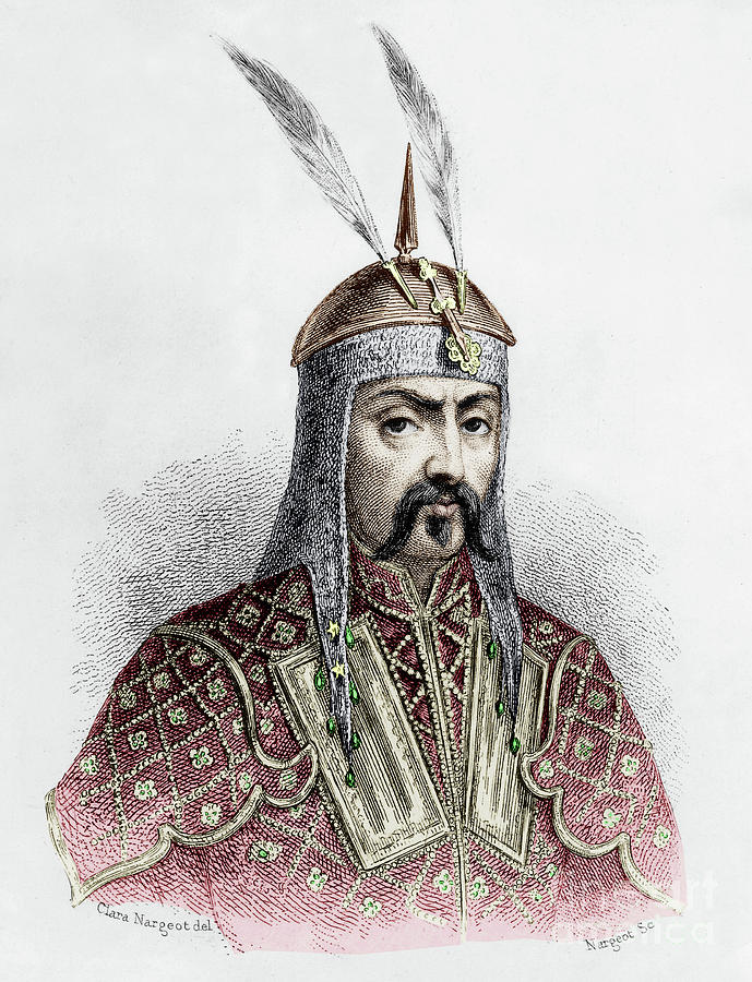 Gengis Khan, 1st Mongolian Emperor, Engraving Drawing by Unknown Pixels