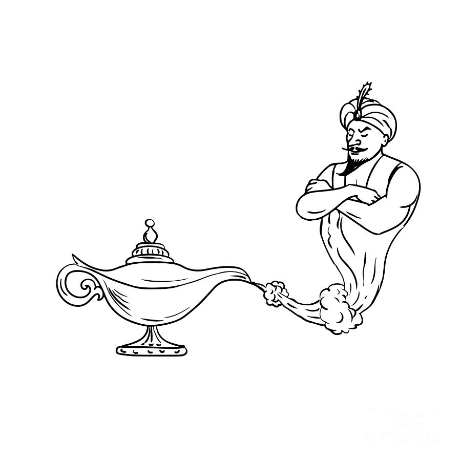 Genie Coming Out Of Oil Lamp Black And White Drawing Digital Art By