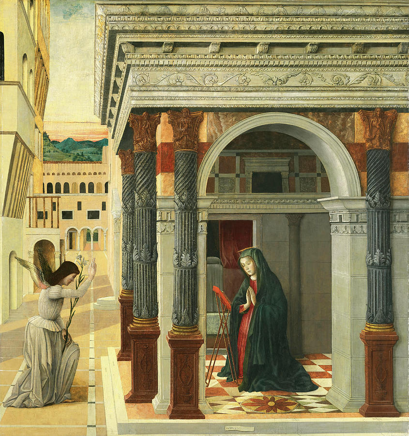 Gentile Bellini -Venice -?-, 1429 - Venice, 1507-. The Annunciation -ca. 1475-. Mixed media on pa... Painting by Gentile Bellini -1429-1507-