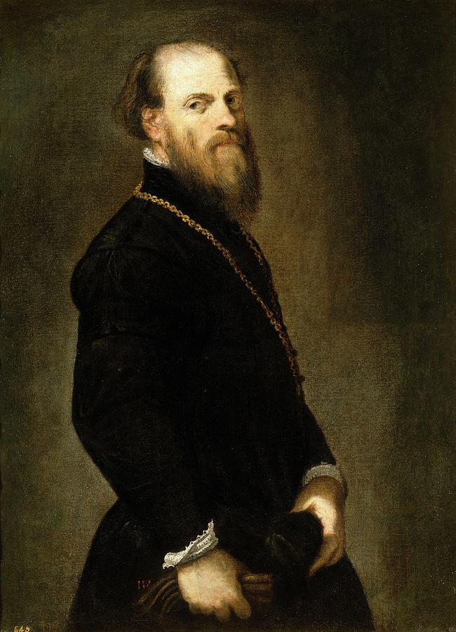 Gentleman with a Gold Chain, ca. 1555, Italian School, Oil on canv... Painting by Tintoretto -1518-1594-