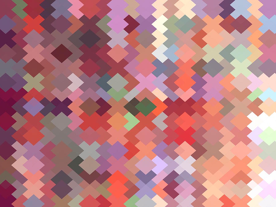 Geometric Square Pixel Pattern Abstract In Red Brown Green Digital Art
