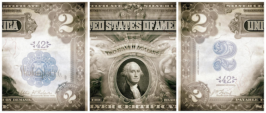 George Washington Digital Art - George Washington 1899 American Two Dollar Bill Currency Triptych Artwork by Shawn OBrien