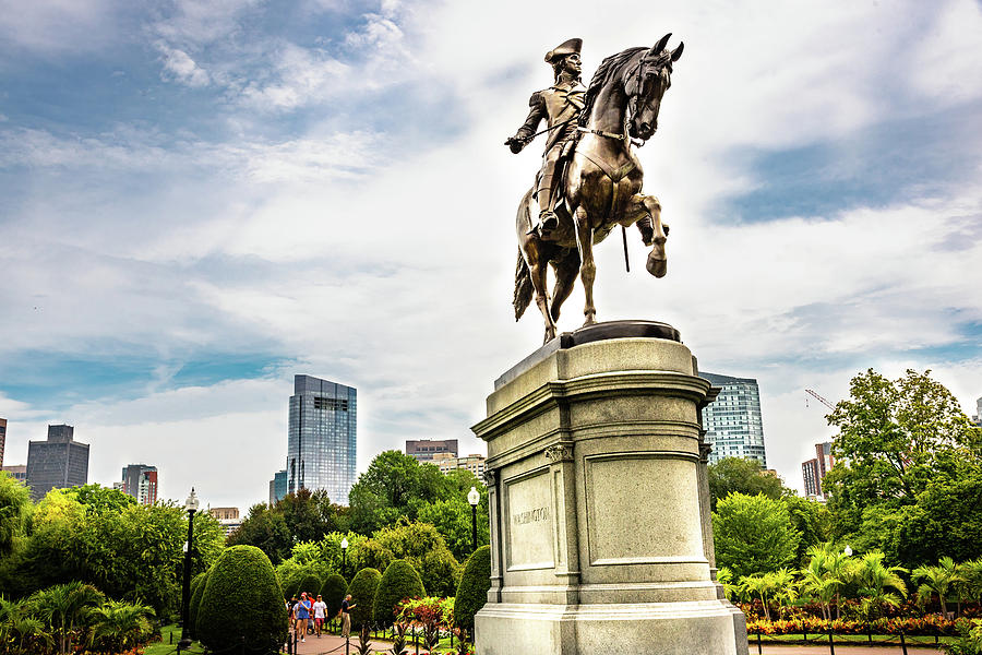 George Washington Statue In Boston Common Park With City Skyline And Skyscrapers. Photograph