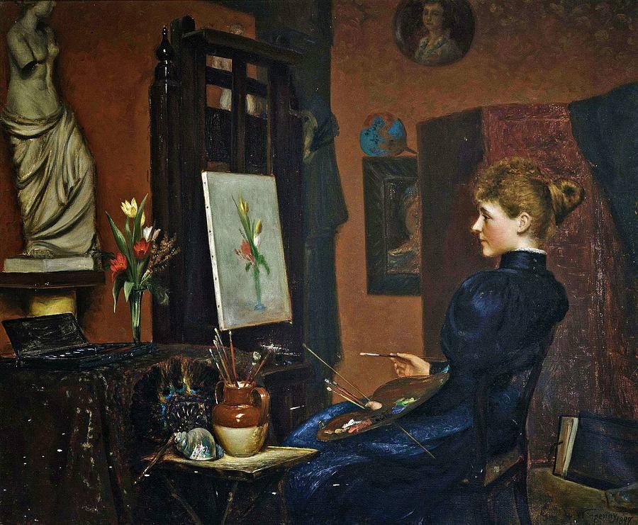 George Wimpenny British, 1857-1939, Clara Potts Sitting at an Easel Painting a Still Life of Flowe Painting by George Wimpenny