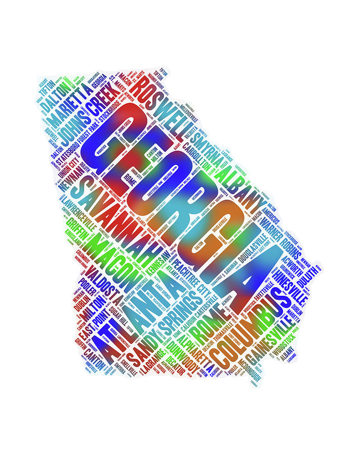 Georgia State Colorful Word Art Map with Cities Digital Art by Peggy Collins