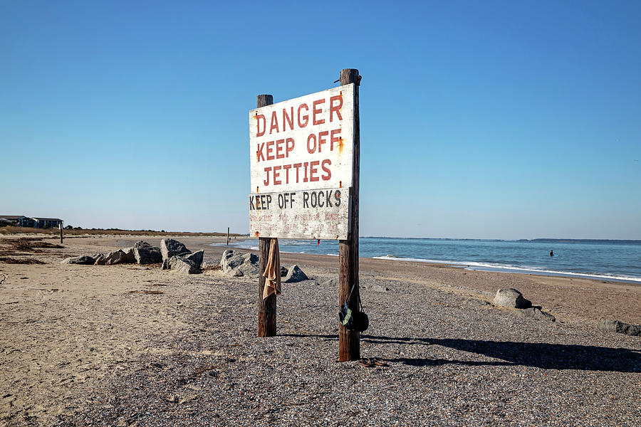Georgia, Tybee Island, Danger Keep Off Jetties Sign On North Beach. Digital Art by Lumiere