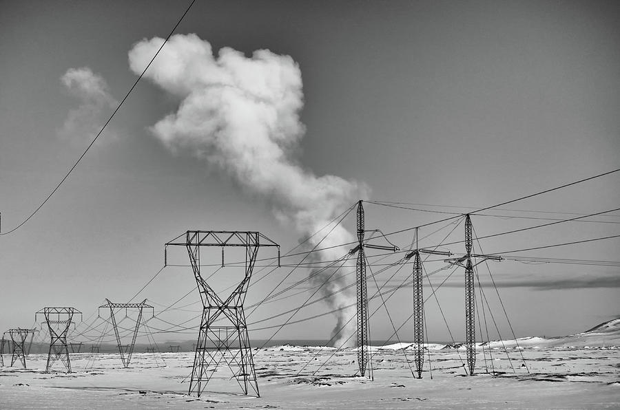 Geothermal Energy Steam Plume Rising Above Power Lines Iceland Black and White Photograph by Shawn OBrien
