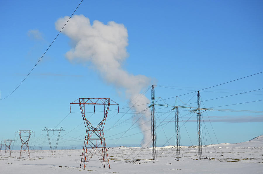 Geothermal Energy Steam Plume Rising Above Power Lines Iceland Photograph by Shawn OBrien