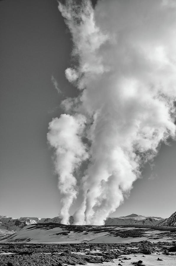 Geothermal Energy Steam Plume Rising into Clear Sky Iceland Black and White Photograph by Shawn OBrien