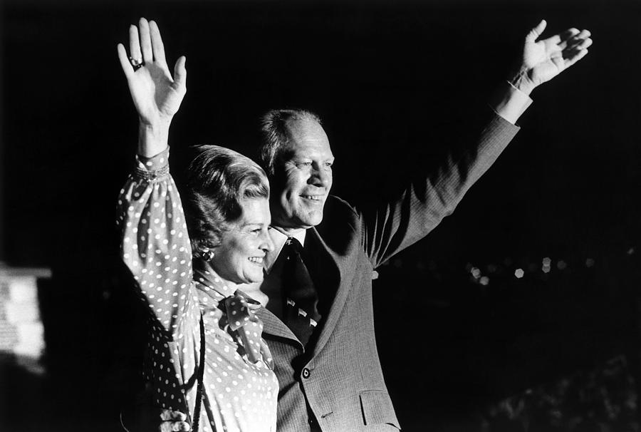 Gerald and Betty Ford Waving To Crowd - 1975 Photograph by War Is Hell Store