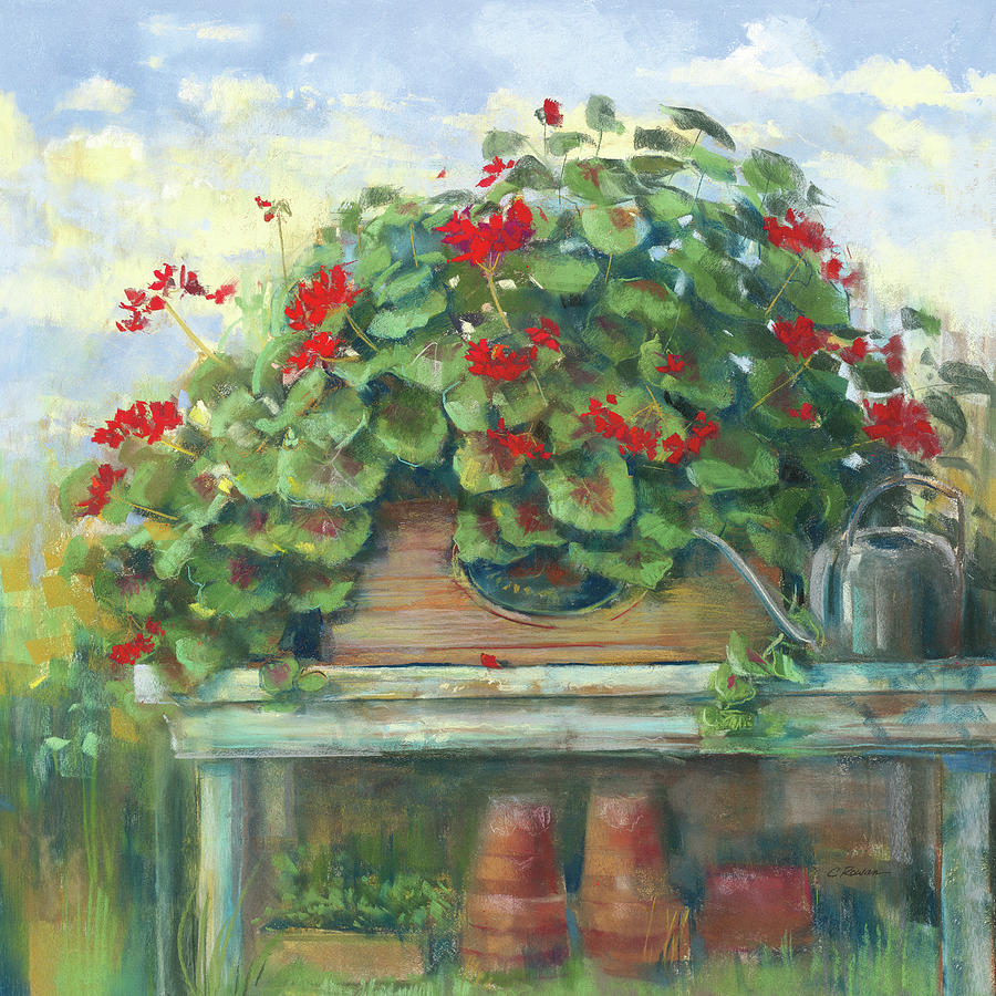 Flower Painting - Geranium Bench by Carol Rowan
