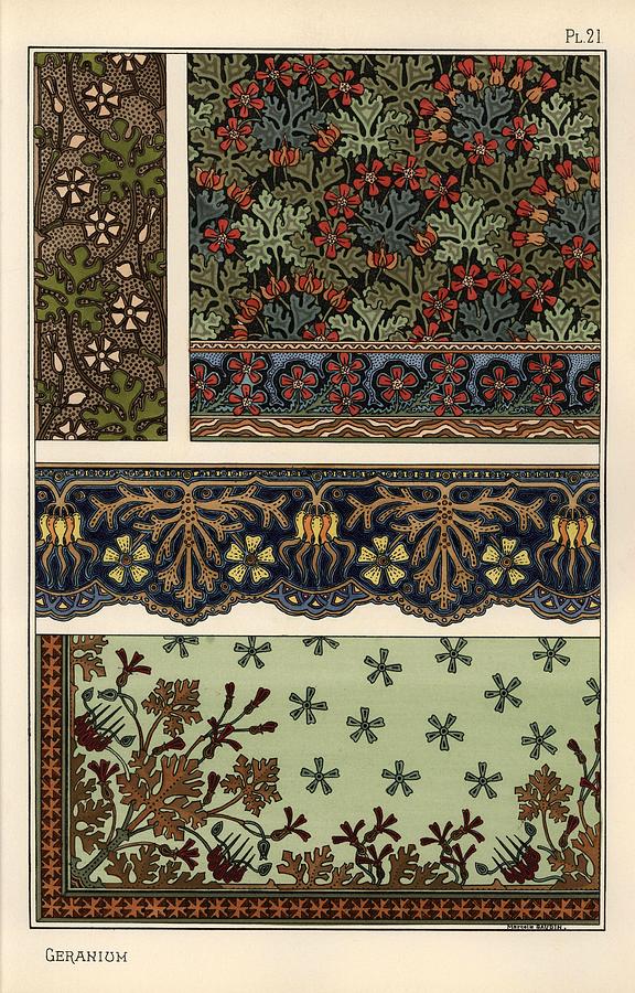 Geranium motif in wallpaper, border and fabric patterns. Drawing by Album