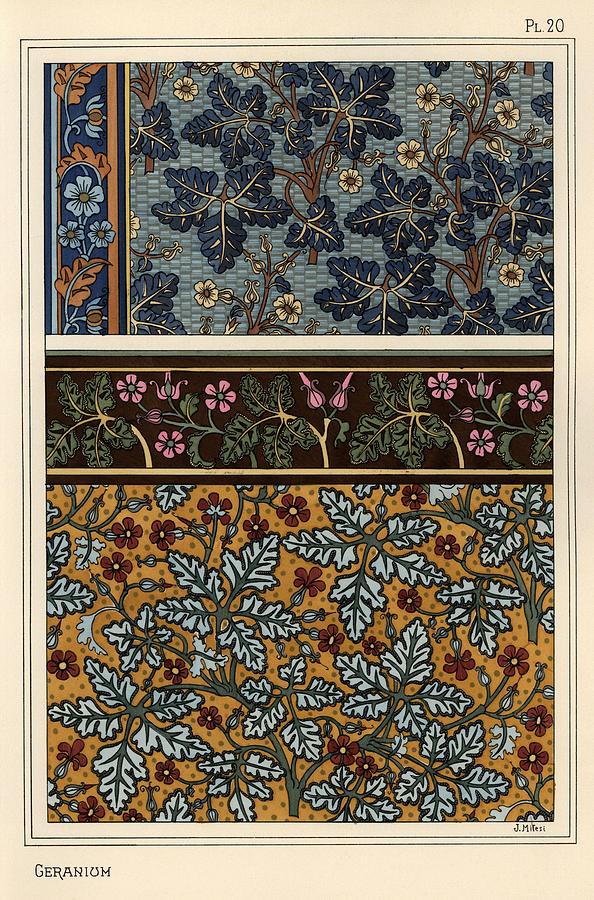 Geranium motifs in patterns for wallpaper and fabric. Drawing by Album