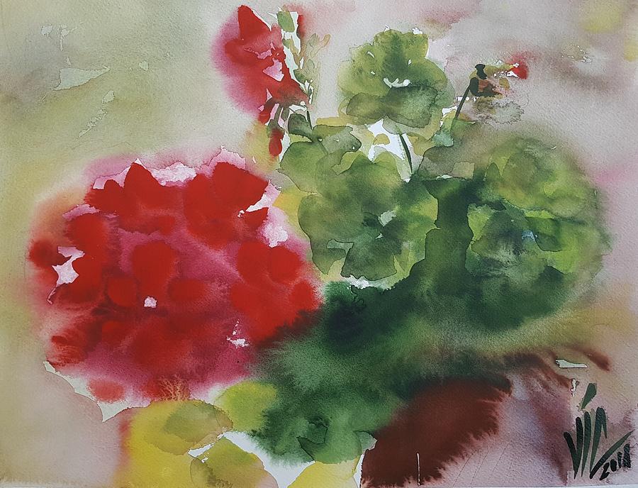 Geraniums. Red flowers watercolor  Painting by Vali Irina Ciobanu