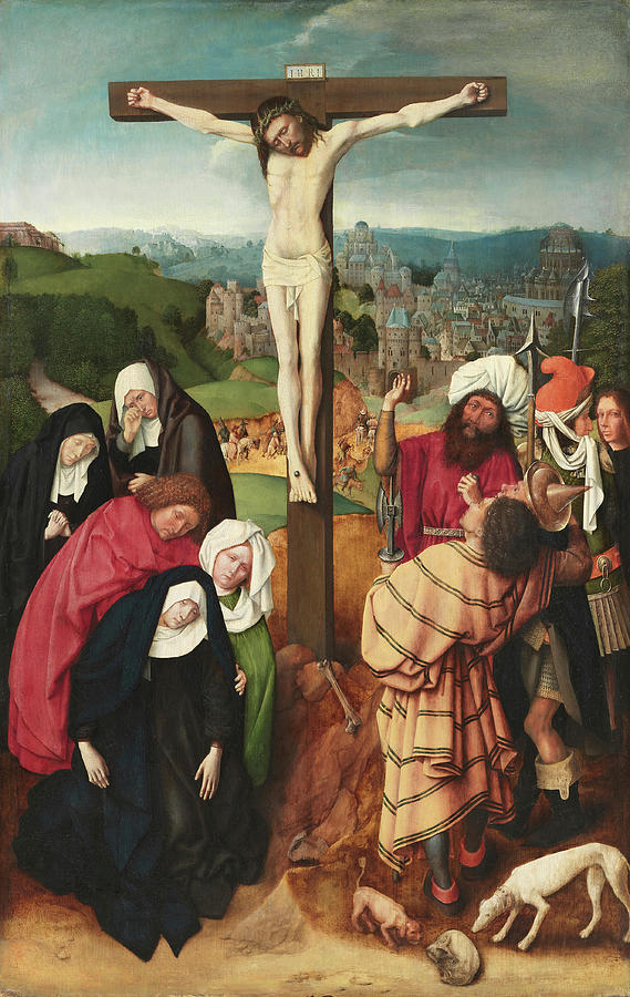 Gerard David -Oudewater, ca. 1455-Bruges, 1523-. The Crucifixion -ca. 1475-. Oil on panel. 88 x 5... Painting by Gerard David -c 1460-1523-