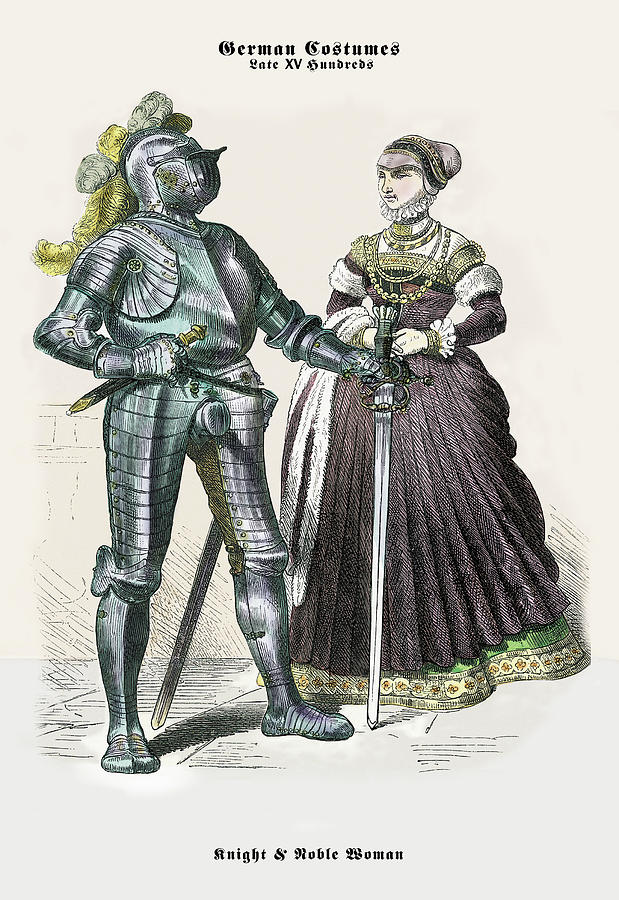 German Costumes: Knight With Sword And Noble Woman Painting By Elvey 