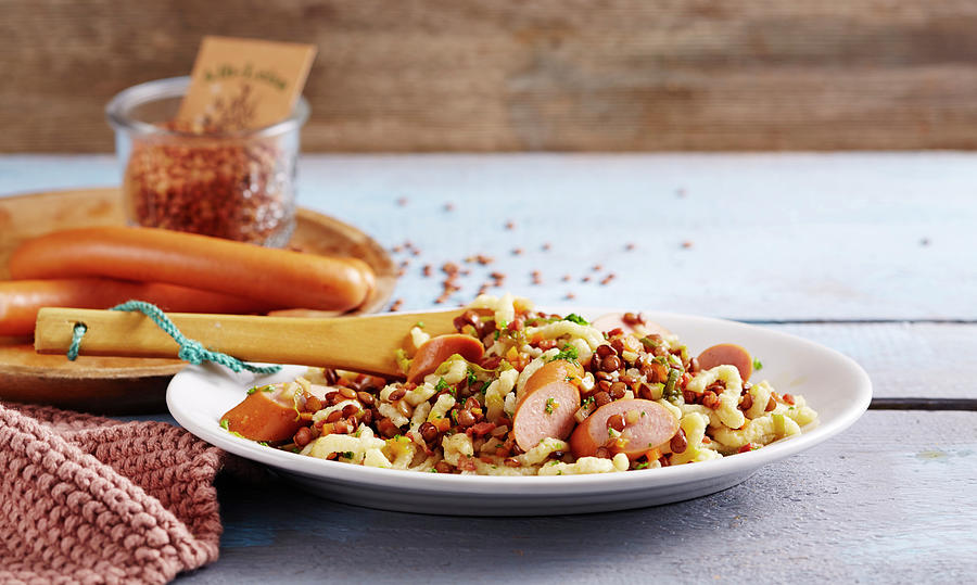 German Lentils With Spaetzle And String Sausage germany Photograph by Teubner Foodfoto