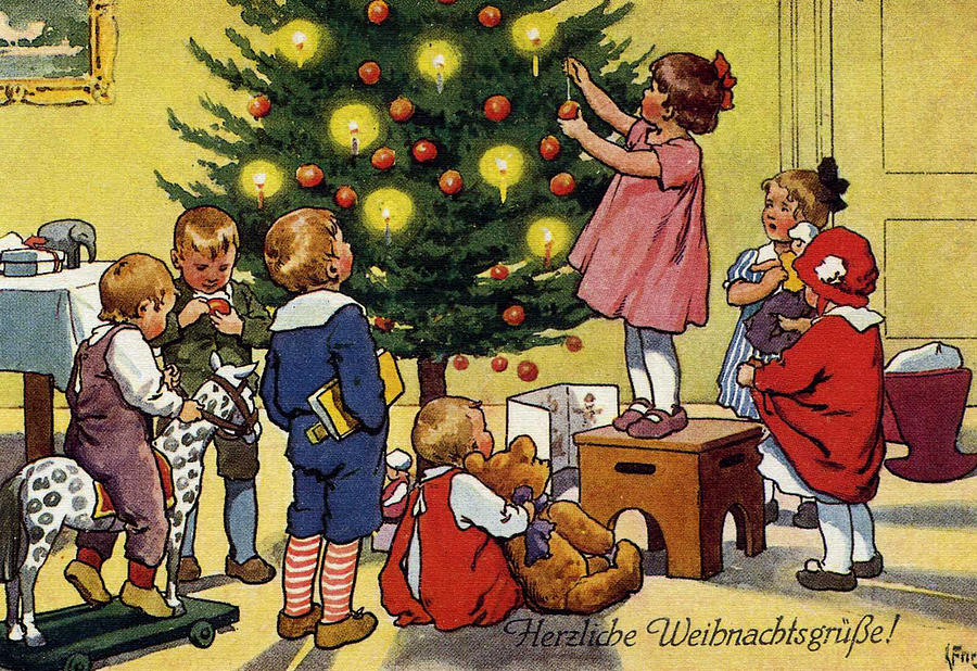 Christmas Painting - German Xmas Greetings, Children Around Tree by 