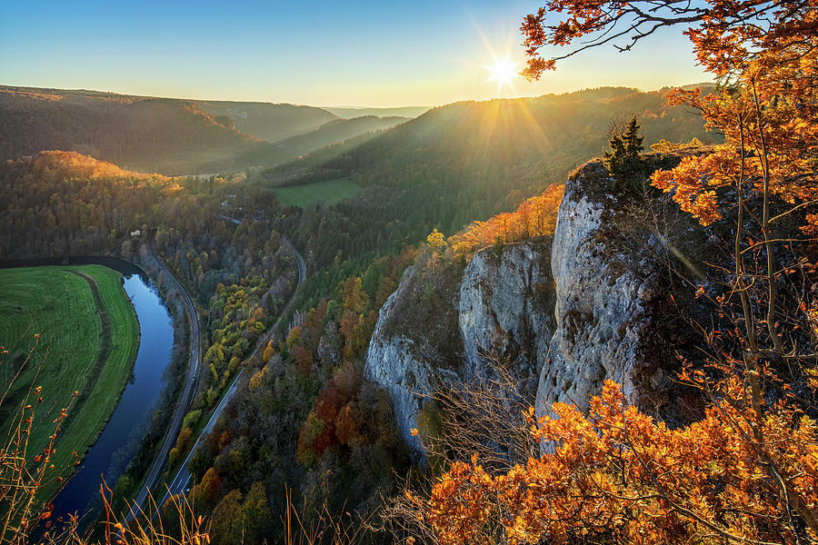 Germany, Baden-wurttemberg, Beuron, Danube, Swabian Alps, Upper Danube Nature Park, Danube Valley, Hohenzollern Route, From Eichfelsen Over Danube Valley Towards Beuron Monastery At Sunset Digital Art by Reinhard Schmid