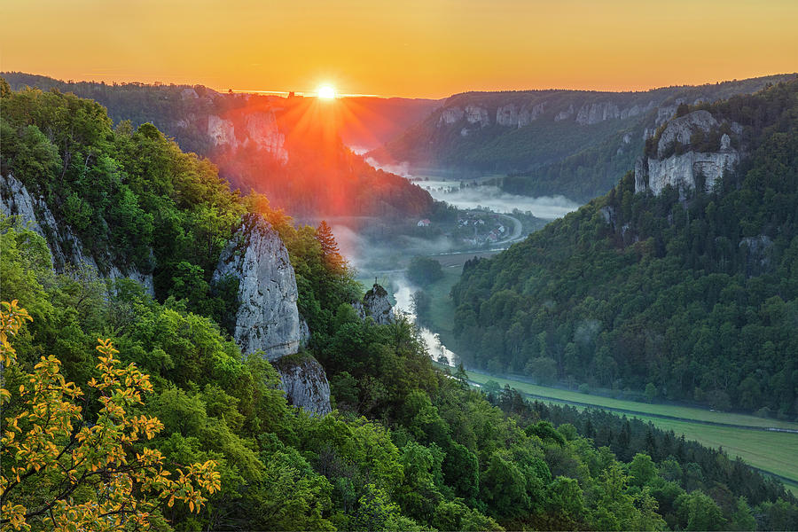 Germany, Baden-wurttemberg, Beuron, Danube, Upper Danube Nature Park, Danube Valley, Hohenzollern Route, View From Eichfelsen Viewpoint Across Danube Valley To Werenwag Castle At Sunrise Digital Art by Reinhard Schmid