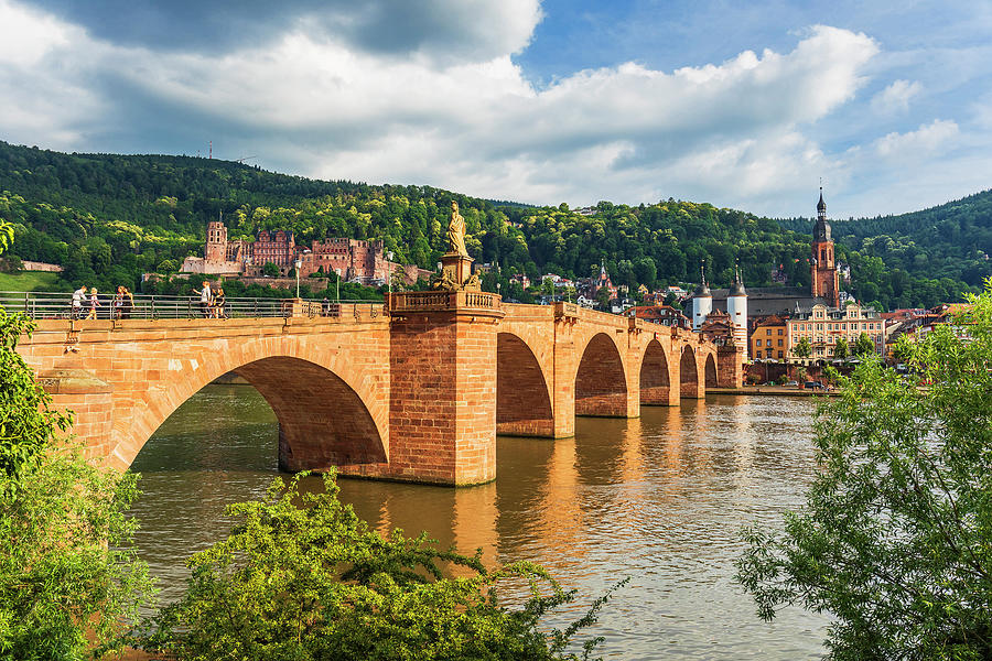 Germany, Baden-wurttemberg, Heidelberg, Neckar Valley, Old Town Along The Neckar River, With The Karl Theodor Bridge, Church Of The Holy Spirit And The Castle On The Hill Digital Art by Luigi Vaccarella