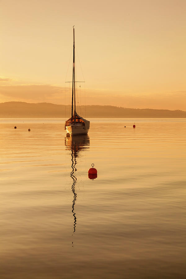 Germany, Baden-wurttemberg, Konstanz, Lake Constance, Sailboat In The Sunrise Digital Art by Markus Lange