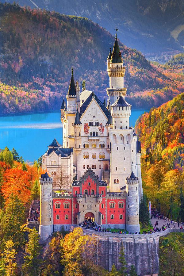 Germany, Bavaria, Swabia, Neuschwanstein Castle And Lake Alpsee In Autumn Digital Art by Olimpio Fantuz