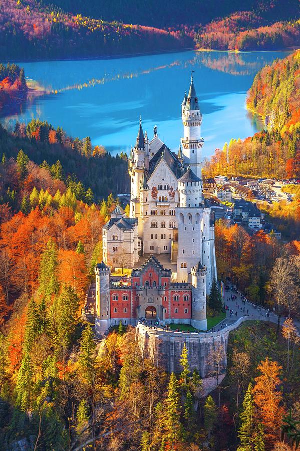 Germany, Bavaria, Swabia, Neuschwanstein Castle And Lake Alpsee Digital Art by Olimpio Fantuz