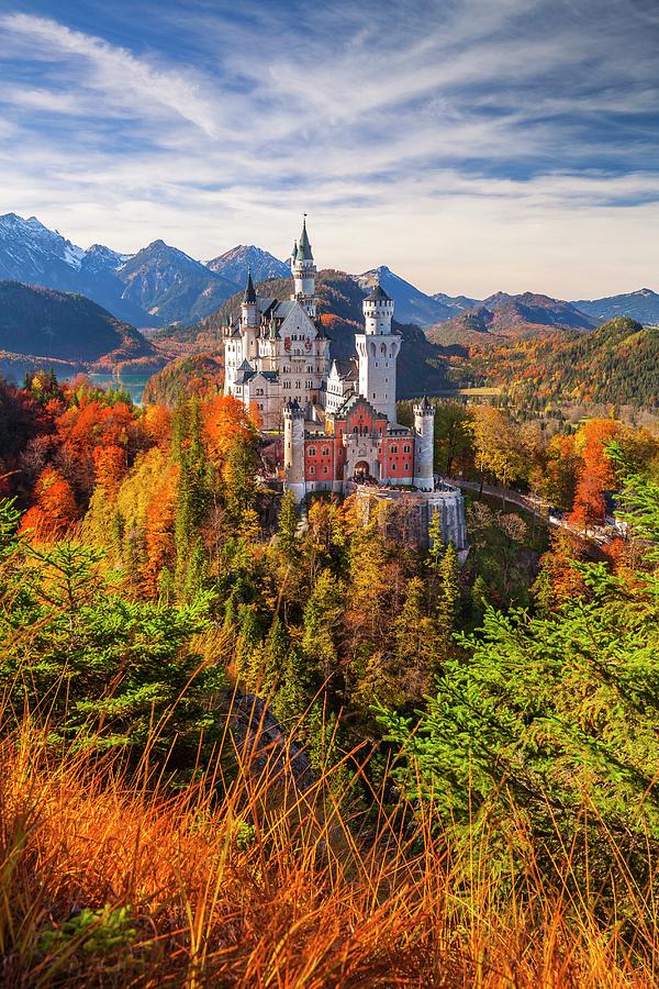 Germany, Bavaria, Swabia, Neuschwanstein Castle And Tannheim Mountains ...