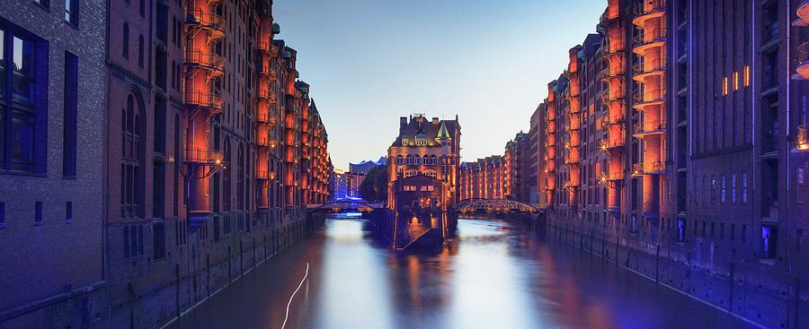 Germany, Hamburg, Hanseatic City, Speicherstadt, Speicherstadt District At Hafen City By Night Digital Art by Maurizio Rellini