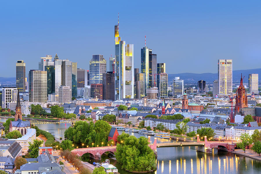 Germany, Hessen, Frankfurt Am Main, View Over Frankfurt City Center And Financial District With Main River. Digital Art by Francesco Carovillano