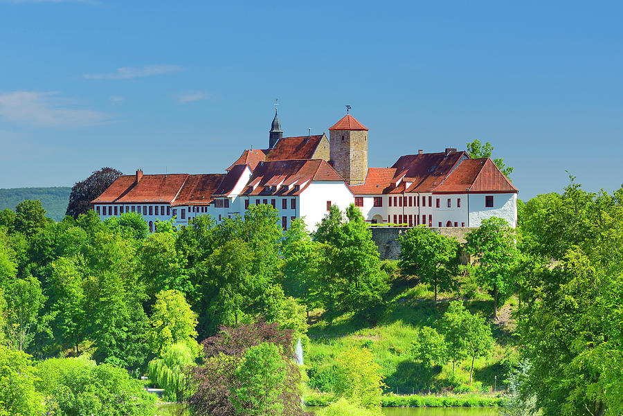Germany, Lower Saxony, Bad Iburg, Schloss Bad Iburg Seen From Charlottensee Lake With Garden In The Foreground. Digital Art by Francesco Carovillano