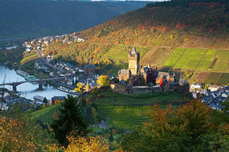 Germany, Rhineland-palatinate, Cochem, Autumn, Late Afternoon Light Illuminates Cochem Castle And The Surrounding Vineyards High Above The River Mosel Digital Art by Douglas Pearson
