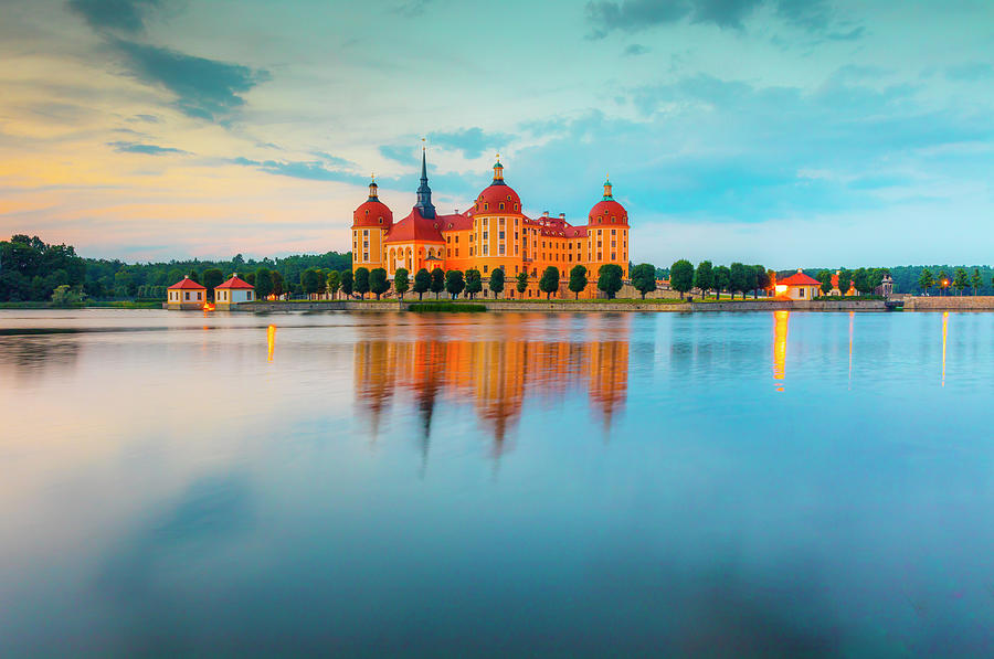 Germany, Saxony, Moritzburg, Moritzburg Castle At Dusk Digital Art by Olimpio Fantuz