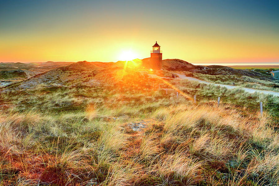 Germany, Schleswig-holstein, North Sea, North Frisian Island, Sylt Island, Altes Quermarkenfeuer Rotes Kliff, Also Called Rotes Kill Lighthouse Among Uwe Dunes In Kampen. Digital Art by Francesco Carovillano