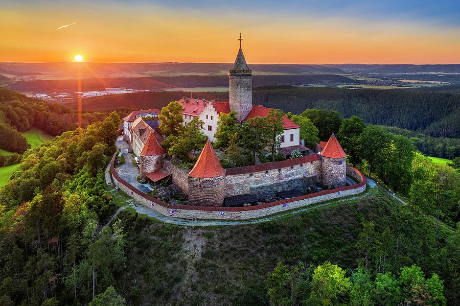 Germany, Thuringia, Kahla, Saaletal Valley, Sunset At Leuchtenburg Hilltop Castle Above Saale Valley Near Seitenroda With The Exhibition And The Museum Porcelain Worlds, Saale Digital Art by Reinhard Schmid