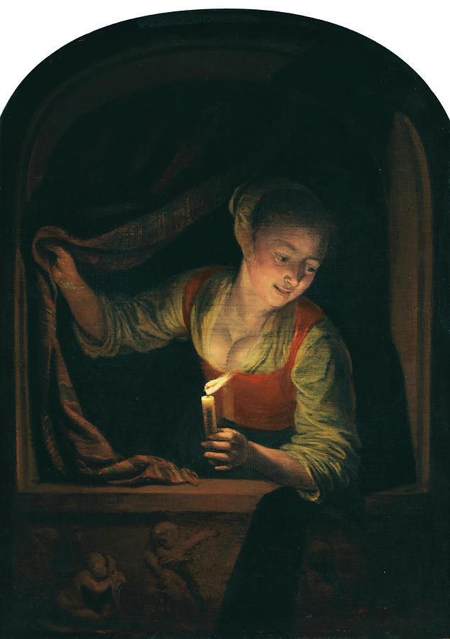 Candle Painting - Gerrit Dou -Leiden, 1613-1675-. Young Woman with a Lighted Candle at a Window -ca. 1658 - 1665-. ... by Gerrit Dou -1613-1675-