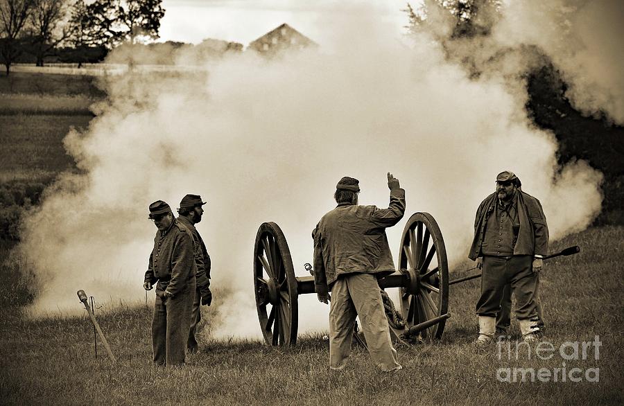 Abraham Lincoln Photograph - Gettysburg Battlefield - Confederate Artillerymen Firing Cannon by Cindy Treger