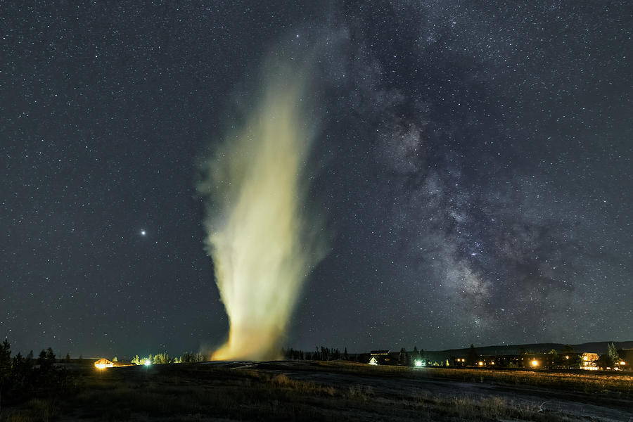 Yellowstone National Park Photograph - Geyser Meets Milky Way by Wei Lian