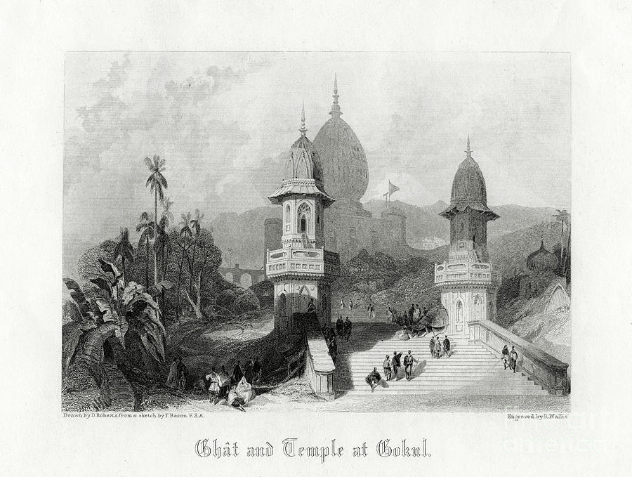 Ghat And Temple At Gokul, India Drawing by Print Collector