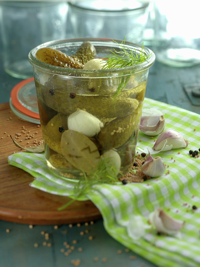 Gherkins And Garlic In A Preserving Jar Photograph by Linda Sonntag