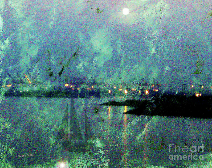 Ghost Moon over Harbor storm Painting by Bonnie Marie