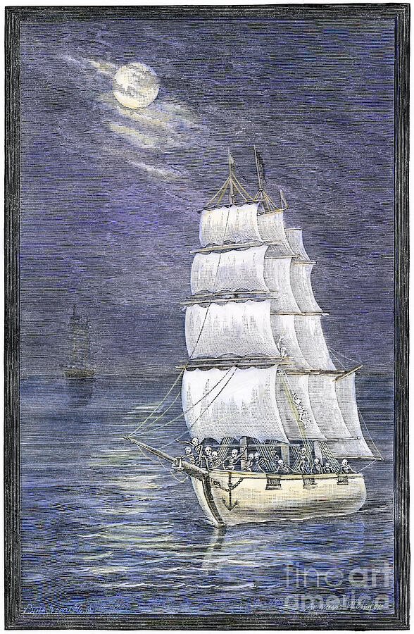 Ghost Ship Or Ship Driven By A Crew Of Live Dead Skeletons (undead Or Undead) At Night Colour Engraving Of The 19th Century Drawing by American School
