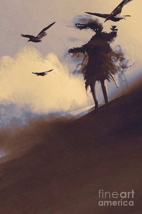 Death Digital Art - Ghost With Flying Crows by Tithi Luadthong