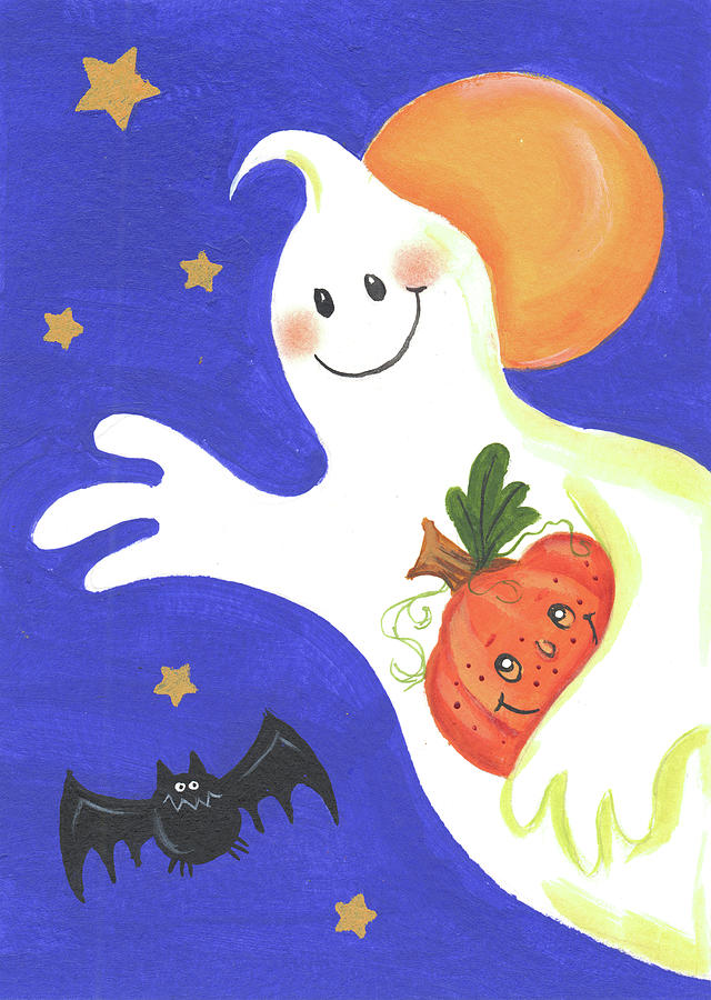 Ghost With Pumpkin And Orange Moon Painting by Beverly Johnston