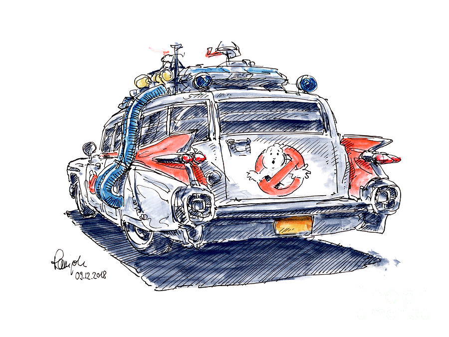 Ghostbusters Ecto-1 Movie Car Cadillac Miller Meteor Ink Drawing Drawing by Frank Ramspott