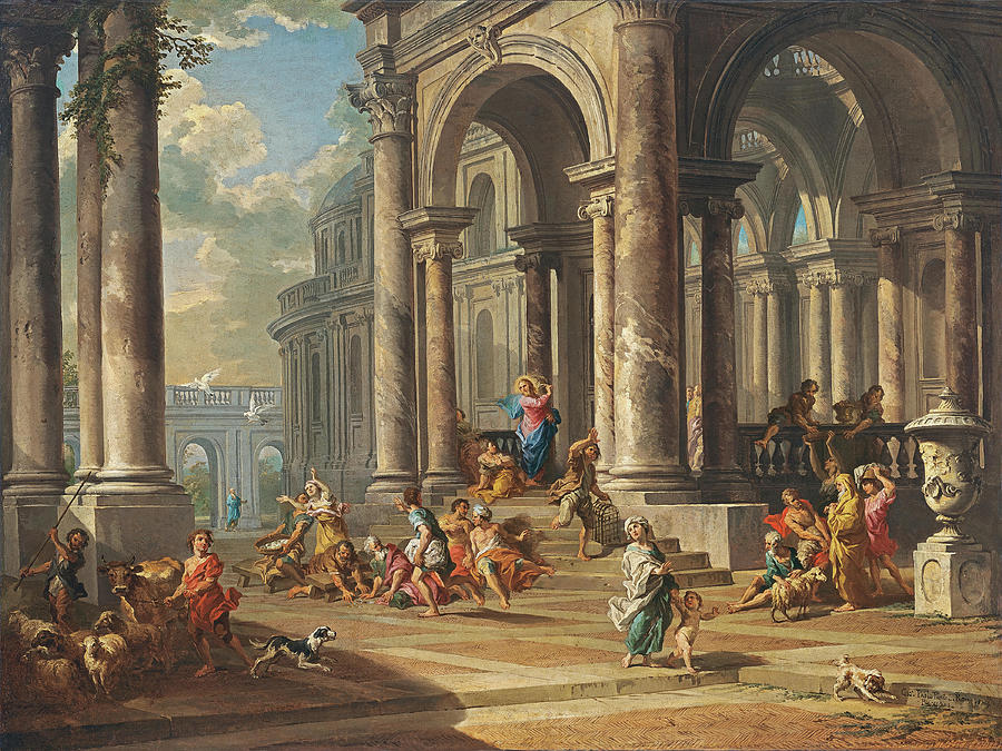 Gian Paolo Panini -Piacenza, 169-Rome, 1765-. The Expulsion of the Money-changers from the Temple... Painting by Giovanni Paolo Pannini -1691-1765-